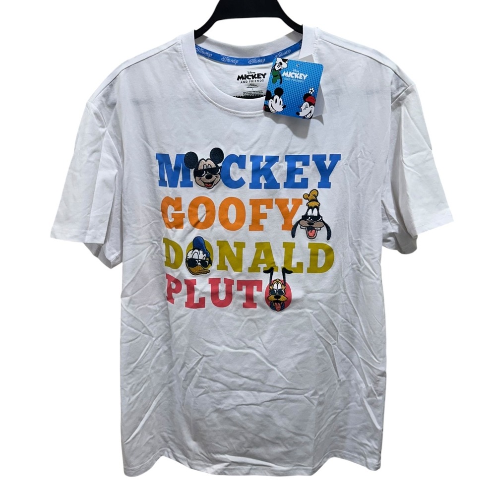 Disney Mickey‎ & Friends Size L White Graphic Tee Embroidered Characters NWT NEW